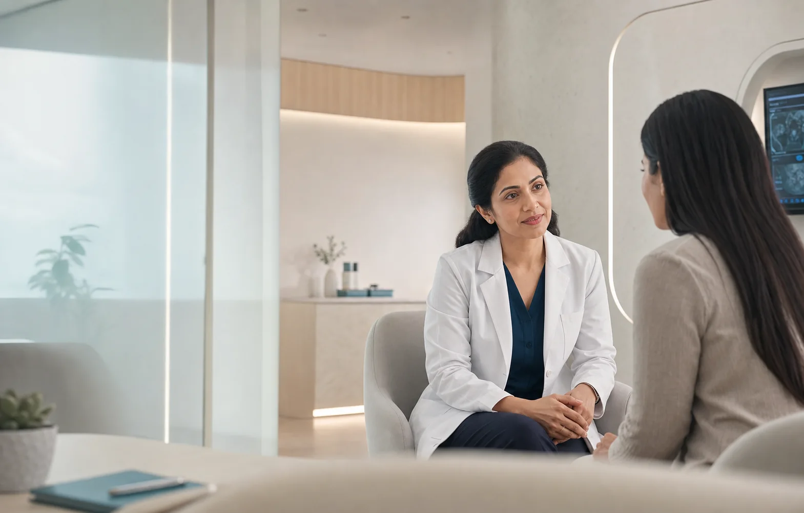 A physician listening attentively to a patient in a modern clinic